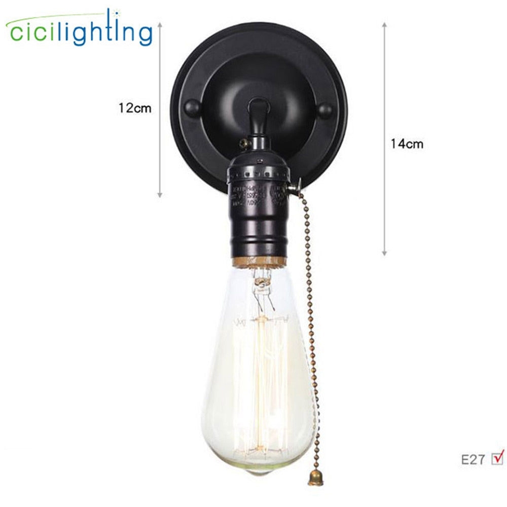Pull chain switch scones led wall lights Chrome loft style retro vintage iron bedroom wall lamp bedside lampen stair wandlamp
