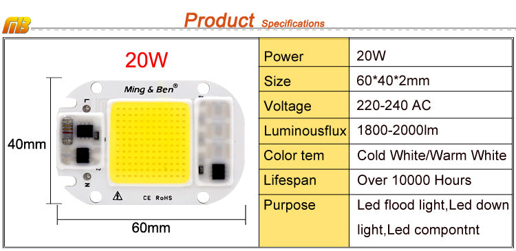LED COB Chip +Lens Reflector Smart IC Chip 50W 30W 20W AC230V LED Beads DIY For LED Floodlight Need Heatsink for Cooling
