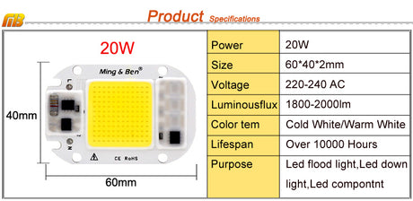 LED COB Chip +Lens Reflector Smart IC Chip 50W 30W 20W AC230V LED Beads DIY For LED Floodlight Need Heatsink for Cooling