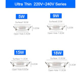 LED Spot Light 5W 9W 12W 15W 18W Silver White Ultra Thin AC 110V 220V Round Recessed LED Downlight LED Spot Lighting