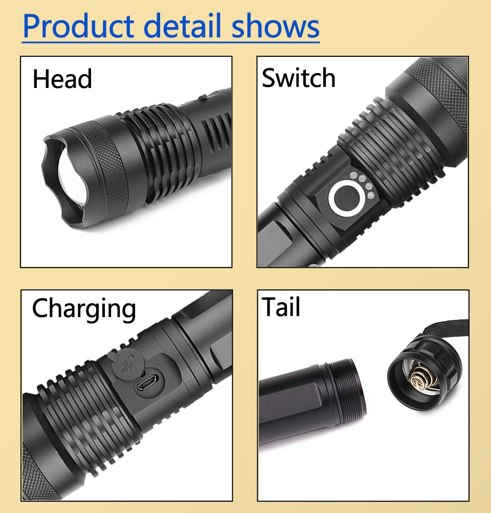 LED flashlight Cree xhp50 USB charging Stretch zoom Shock Resistant Powerful power 18650 or 26650 rechargeable flashlight torch