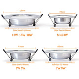 LED Downlight Ceiling silvery 3W 5W 7W 9W 12W 15W 18W Warm white/cold white Bright silver led light AC 220V 230V 240V 110V