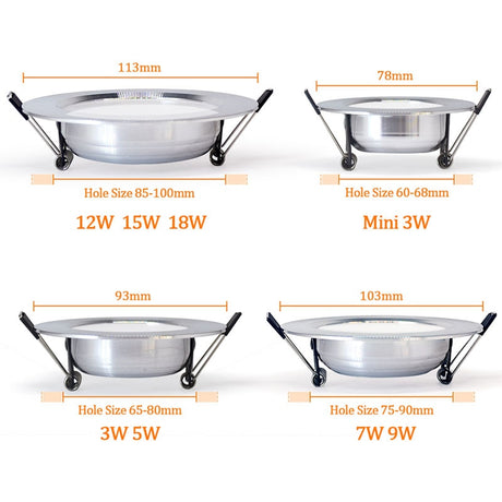 LED Downlight Ceiling silvery 3W 5W 7W 9W 12W 15W 18W Warm white/cold white Bright silver led light AC 220V 230V 240V 110V