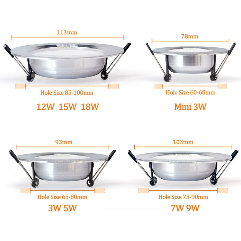 LED Downlight Ceiling silvery 3W 5W 7W 9W 12W 15W 18W Warm white/cold white Bright silver led light AC 220V 230V 240V 110V