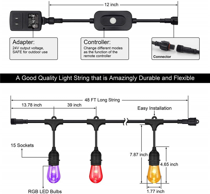 Waterproof Heavy Duty Outdoor RGB LED String lights Connectable Festoon for Party Garden Christmas Holiday Garland Cafe