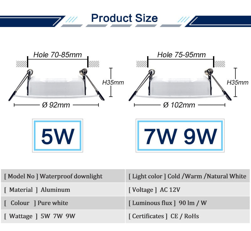 LED Downlight Super Bright Recessed LED Light Dimmable 5W 7W 9W LED Spot light LED decoration Ceiling Lamp AC/DC 12V