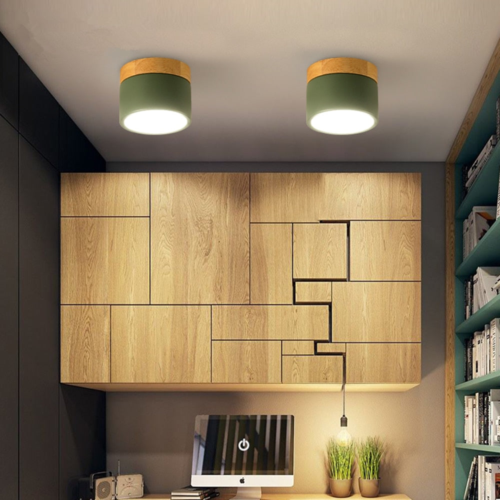 DBF Macaroon Iron+Wood LED Ceiling Light 5W 12W Surface Mount Ceiling Spot Light for Bar Kitchen