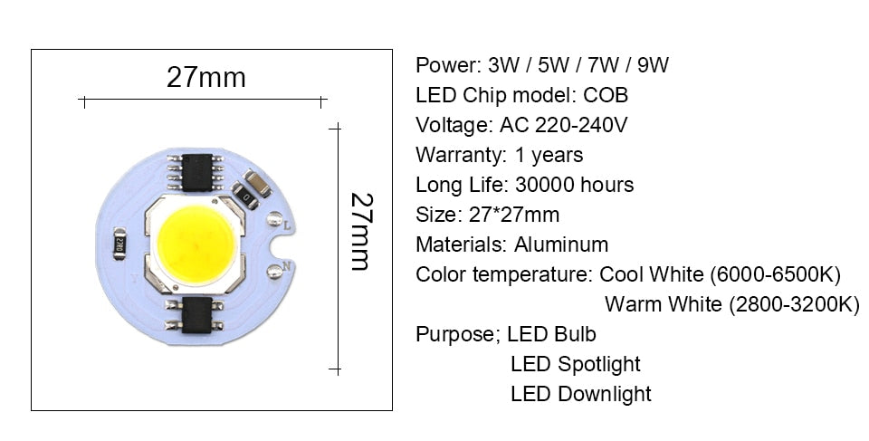 LED COB Chip 5Pcs Lampada 220V 9W 7W 5W 3W Smart IC For DIY LED Light Bulb Downlight Spotlight No Need Power Supply