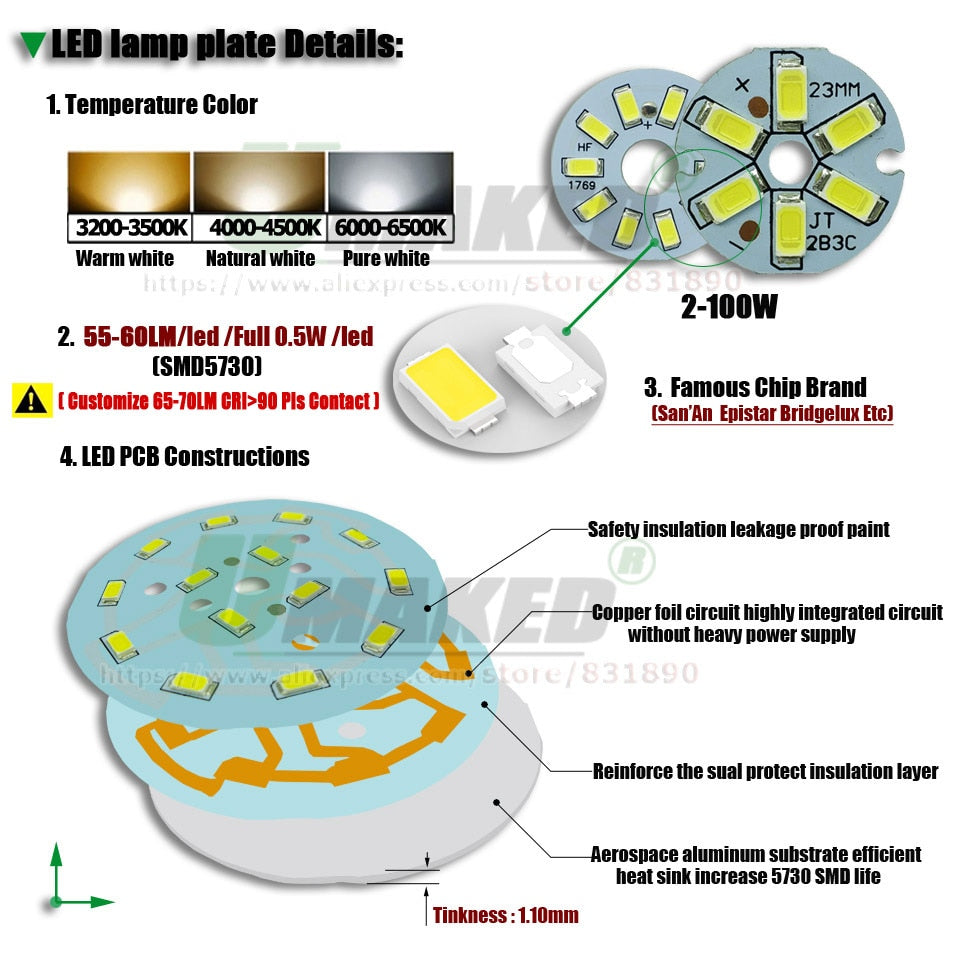 UMAKED LED PCB SMD5730 Light Source Aluminum Lamp plate 2W 3W 5W 7W 9W 12W 15W 18W 21W 24W 30W 36W 50W 70W 100W Diy Bulbs Downlight Bay Lights