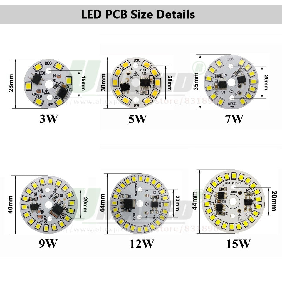 AC220V Smart IC Driver LED PCB Lamp panel 3W 5W 7W 9W 12W 15W SMD2835 Chip Light source Tinned 20cm Cable for LED blub Downlight