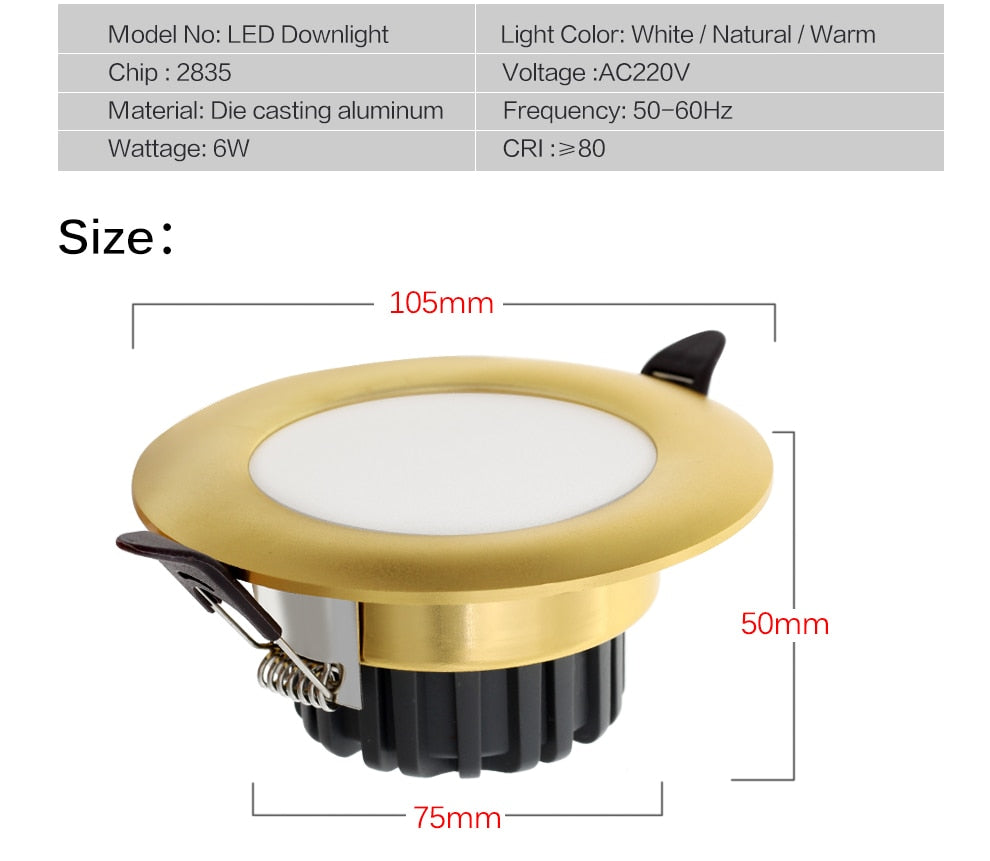 LED Downlight 220V 6W Round Recessed Lamp IP65 Waterproof Antifogging CRI&gt;80 High Quality LED Down Light.