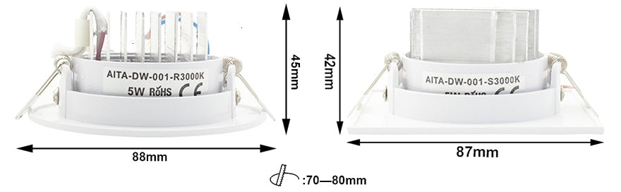 LEDIARY Super Bright LED Downlights Round/Square 75mm Cut Hole Recessed COB Real 5W Angle Adjustable 100-240V Ceiling Spot Lamp