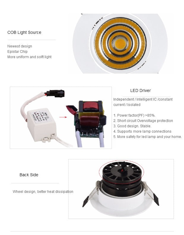 Silver White Black LED Spot Encastrable it Downlight Dimmable 3W 5W 7W 10W Recessed lighting Safety Healthy for home