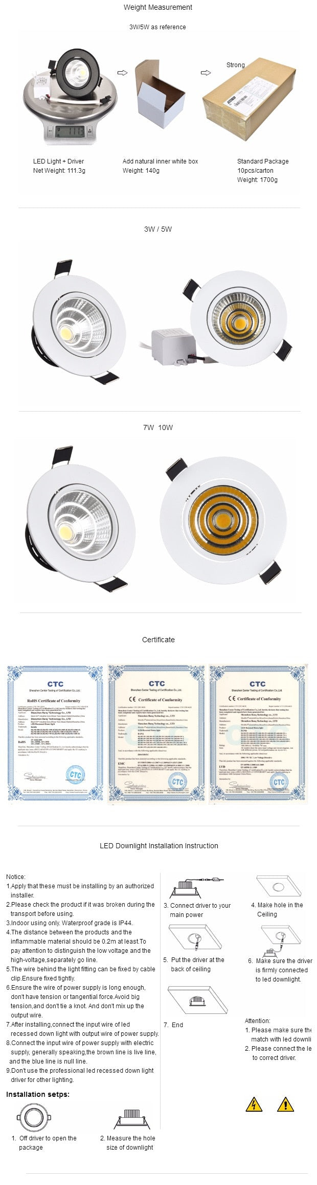 Silver White Black LED Spot Encastrable it Downlight Dimmable 3W 5W 7W 10W Recessed lighting Safety Healthy for home