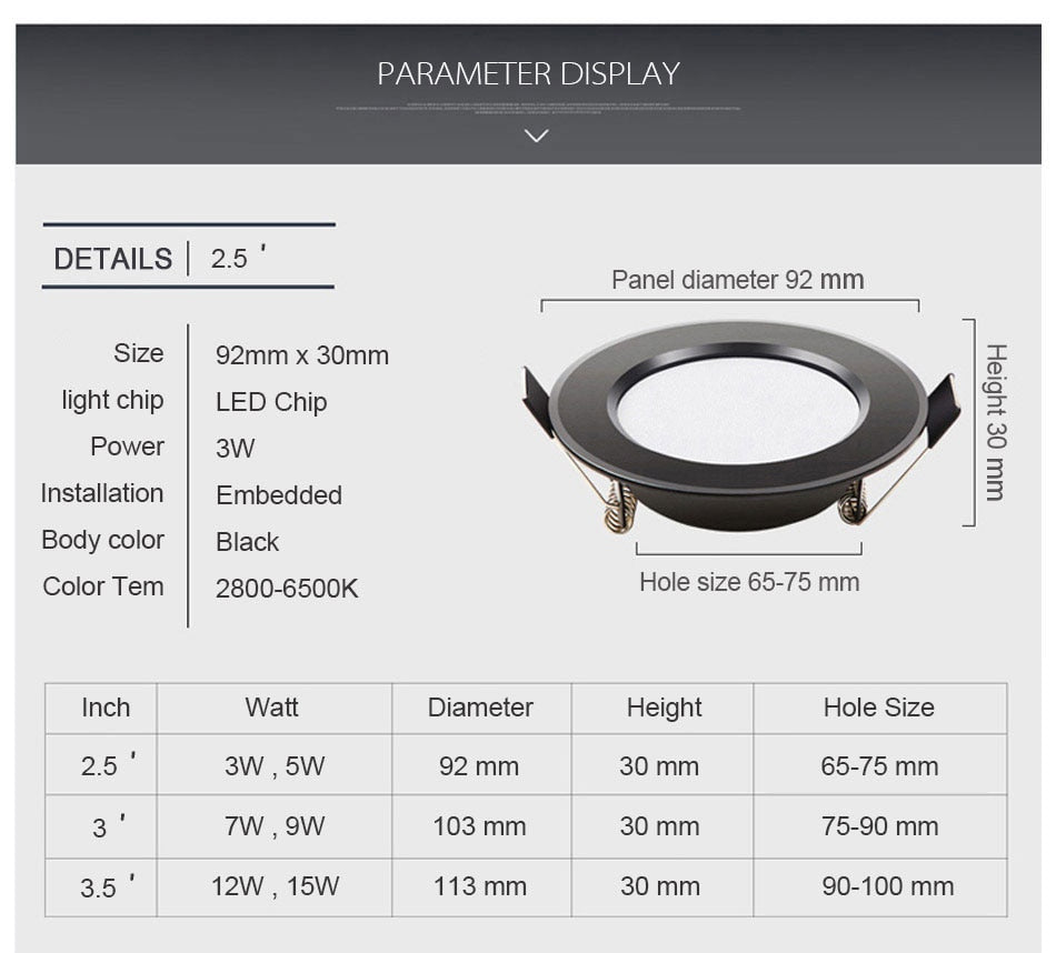 led downlight lamp Black waterproof 3w 5w 7W 9W 12W 15W led spot 220V 230V ceiling recessed downlights round led panel light