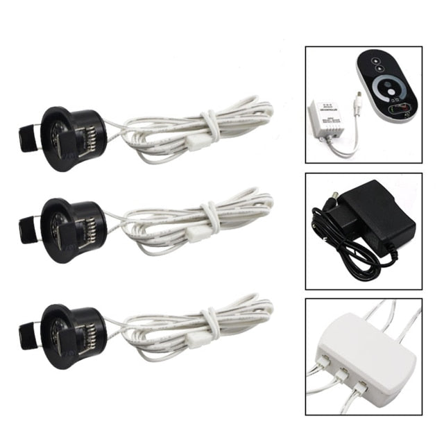  12V Mini LED Black Cabinet Lights Dimmable Lamp Set Remote Control 1.5W 27mm Cut Hole Ceiling Recessed Spot Downlights
