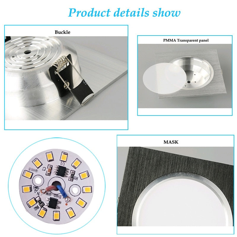 LED Downlight Square Recessed lights 3W 5W 7W 9W 12W LED Ceiling Lamp for Kitchen/Home/Office/Living room Indoor Lighting AC220V