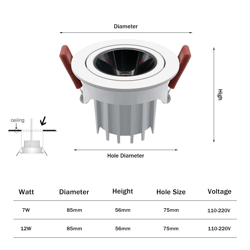 New Anti-glare LED Recessed Downlight Dimmable 7W 12W LED Ceiling Spot Light 3000K/4000K/6000K Angle Adjust Spot Lamp