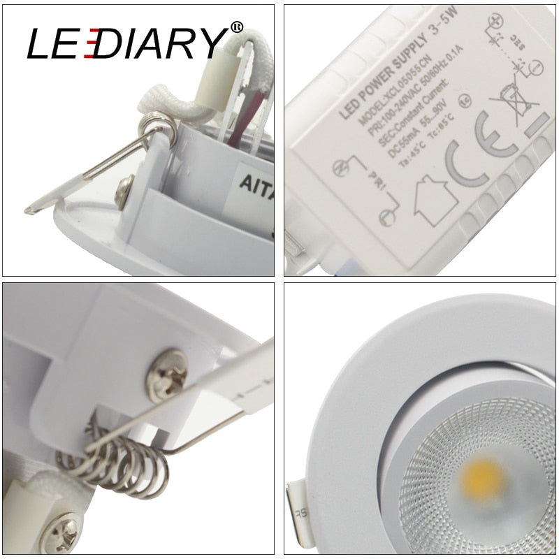LEDIARY COB LED Downlights Real 3W 5W 110V-240V White Ceiling Spot Lamp 2.2 Inch 55mm 70mm Cut Hole No Flicker Lighting Fixtures
