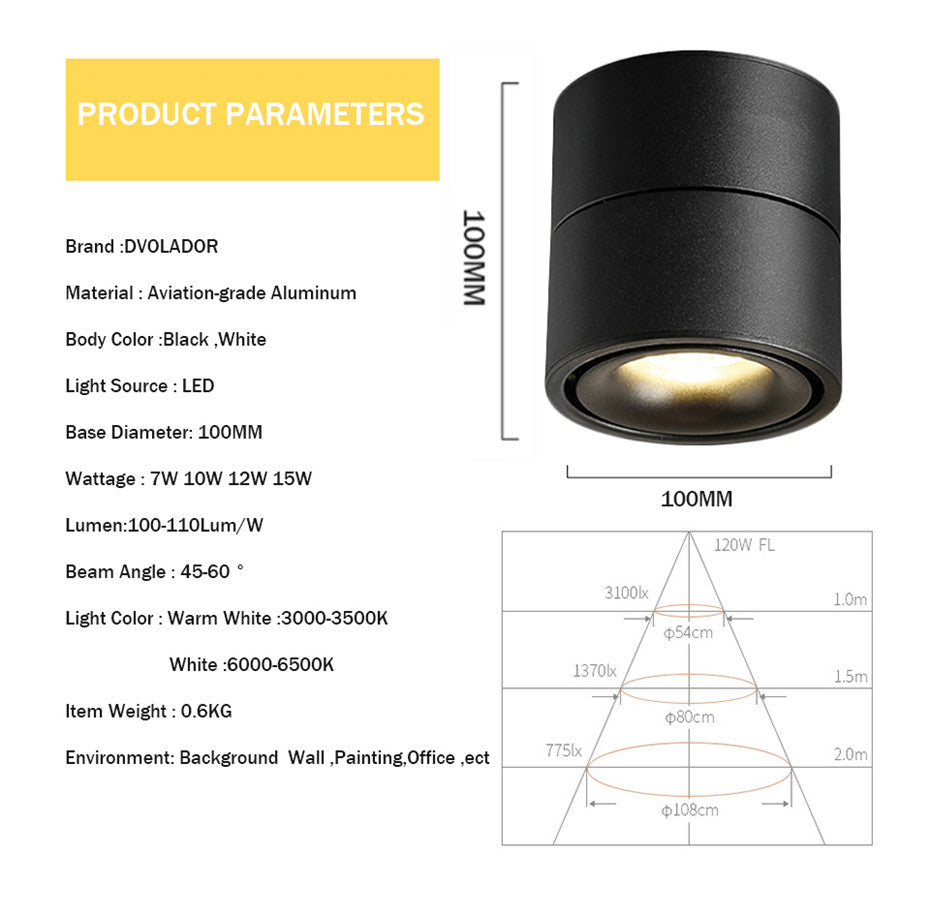 COB LED Downlight Surface Mounted Ceiling Lamps Foldable and 360 Degree Rotatable Spot light for Living Room Bedroom Hallway