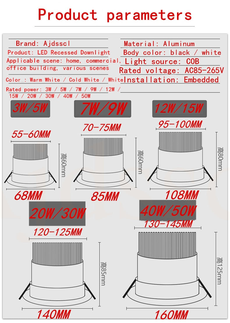 Downlight LED COB Spotlight Dimmable Ceiling lamp AC110V-220V 3W 5W 7W 9W 12W 15W recessed downlights round led panel light