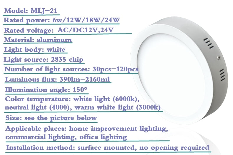 LED 12V 24V Surface Mounted Panel Light 6w 12w 18w 24w Round Square Indoor Ceiling Downlight White