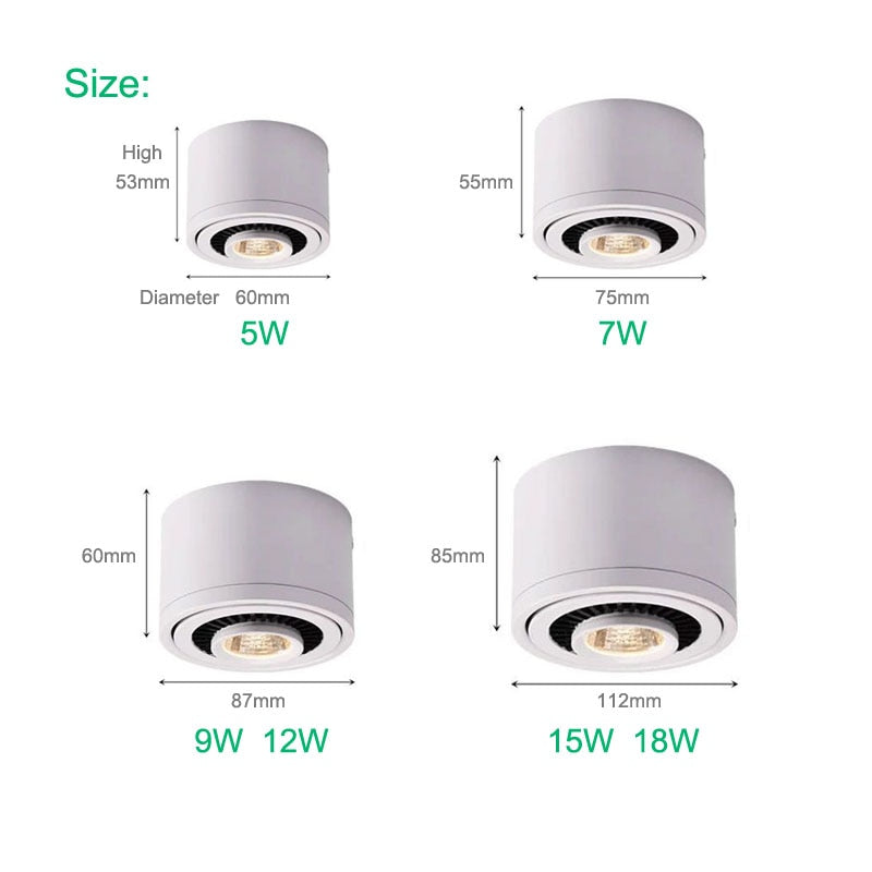Dimmable Surface Mounted LED COB Downlight 360 Degree Rotating LED Spotlight 5W 7W 9W 15W AC85-265V LED Ceiling Light
