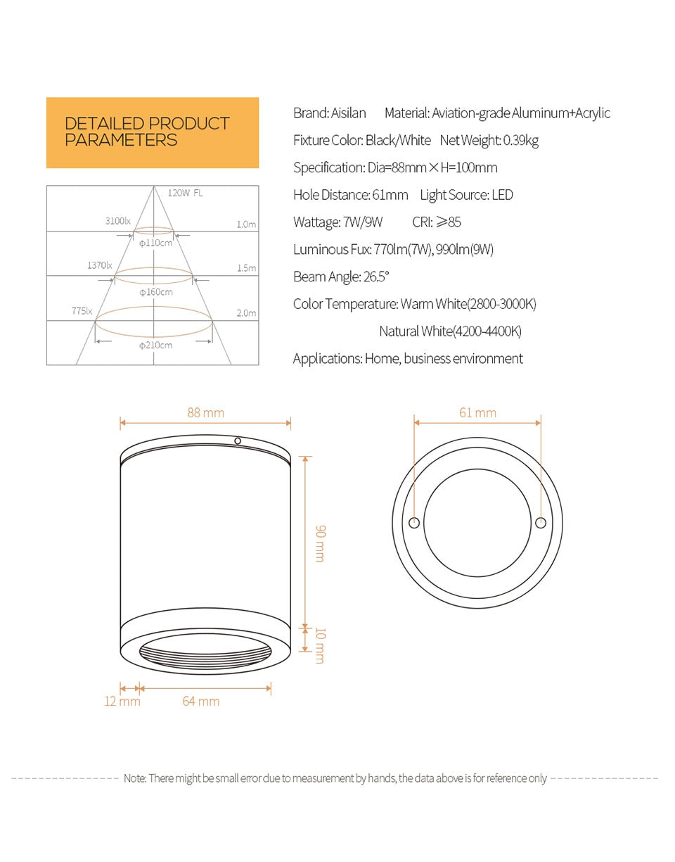 Aisilan Led Surface Mounted Ceiling Downlight for indoor Living room, Bedroom, Kitchen, Bathroom, Corridor Spot light AC90-260V