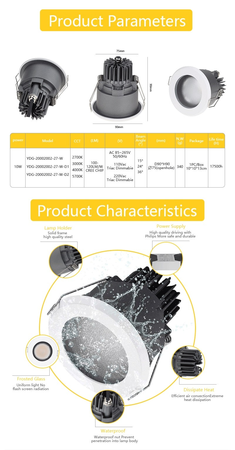 Deep Anti-Glare LED 12W Recessed Dimmable Downlight IP65 Waterproof Anti-Fog Bathroom Kitchen Home Recessed Spotlight 75-80mm