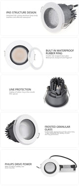 Deep Anti-Glare LED 12W Recessed Dimmable Downlight IP65 Waterproof Anti-Fog Bathroom Kitchen Home Recessed Spotlight 75-80mm