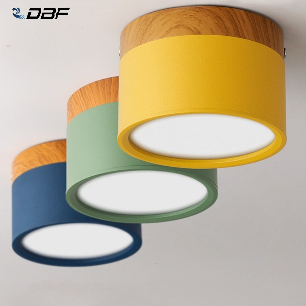 DBF Macaroon Iron+Wood LED Ceiling Light 5W 12W Surface Mount Ceiling Spot Light for Bar Kitchen