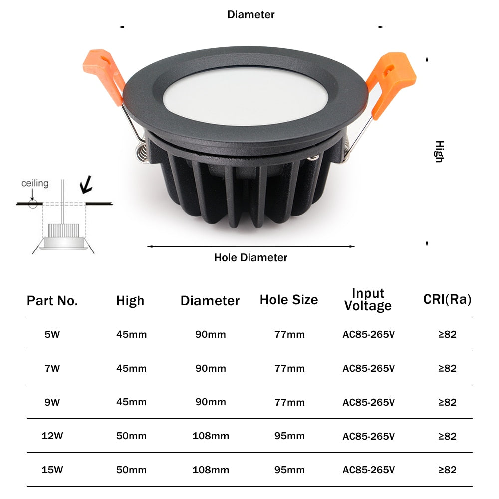 DBF Black/White IP65 Waterproof Recessed LED Downlight SMD5730 5W 7W 9W 12W 15W Spot Light Bathroom Ceiling Lamp AC 110V/220V