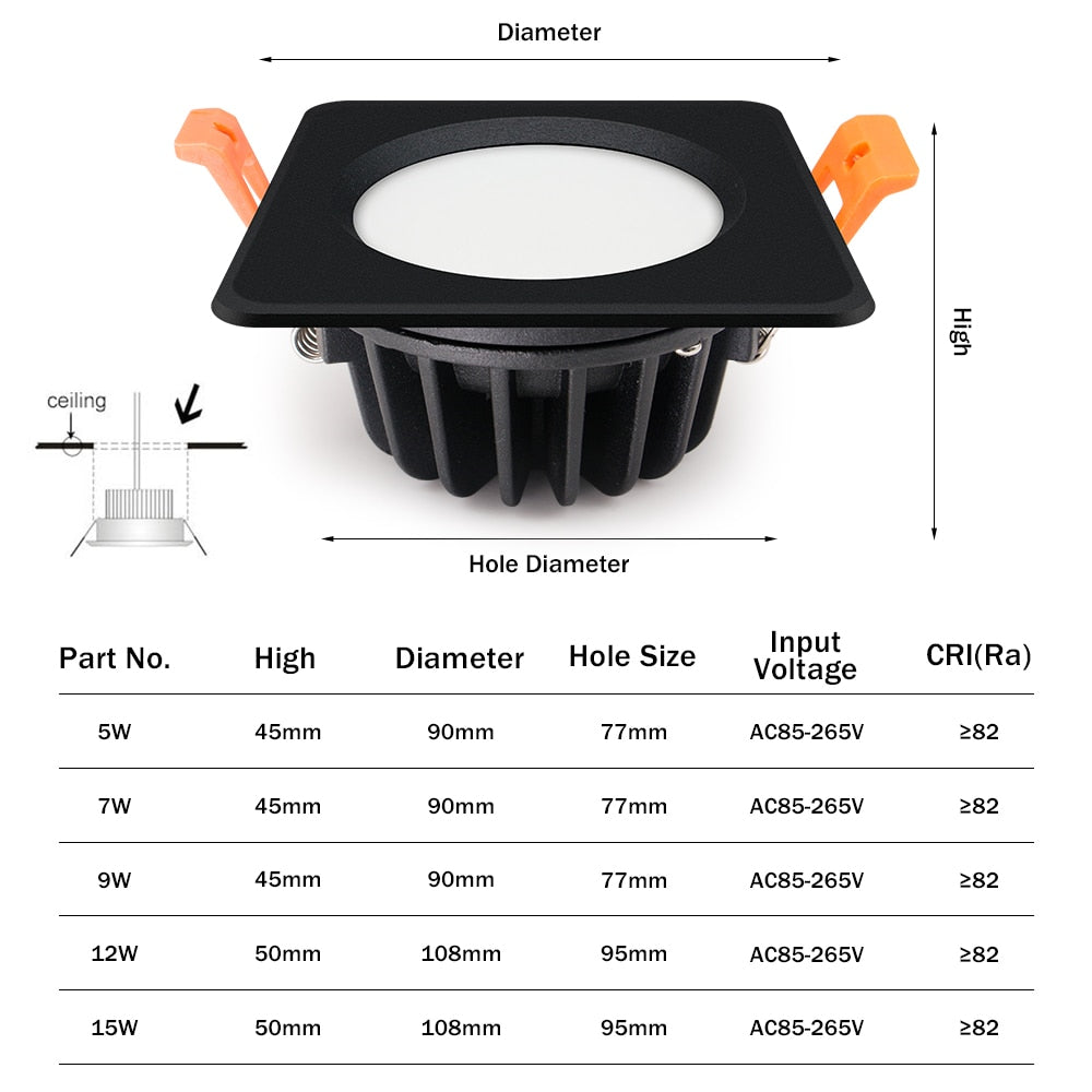 DBF Black/White IP65 Waterproof Recessed LED Downlight SMD5730 5W 7W 9W 12W 15W Spot Light Bathroom Ceiling Lamp AC 110V/220V