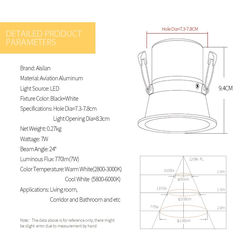 Aisilan Recessed LED Modern Dimmable Downlight Angle Adjustable Built-in LED Spot light Narrow border 7W for Indoor Lighting