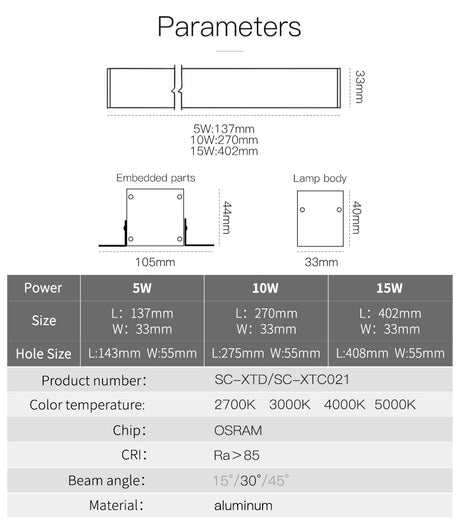 LED Downlights 5W 10W 15W Frameless Ceiling Embedded Pure Aluminum Profile Linear flush mounting Downlight Recessed Focus Dimming led Bar Light