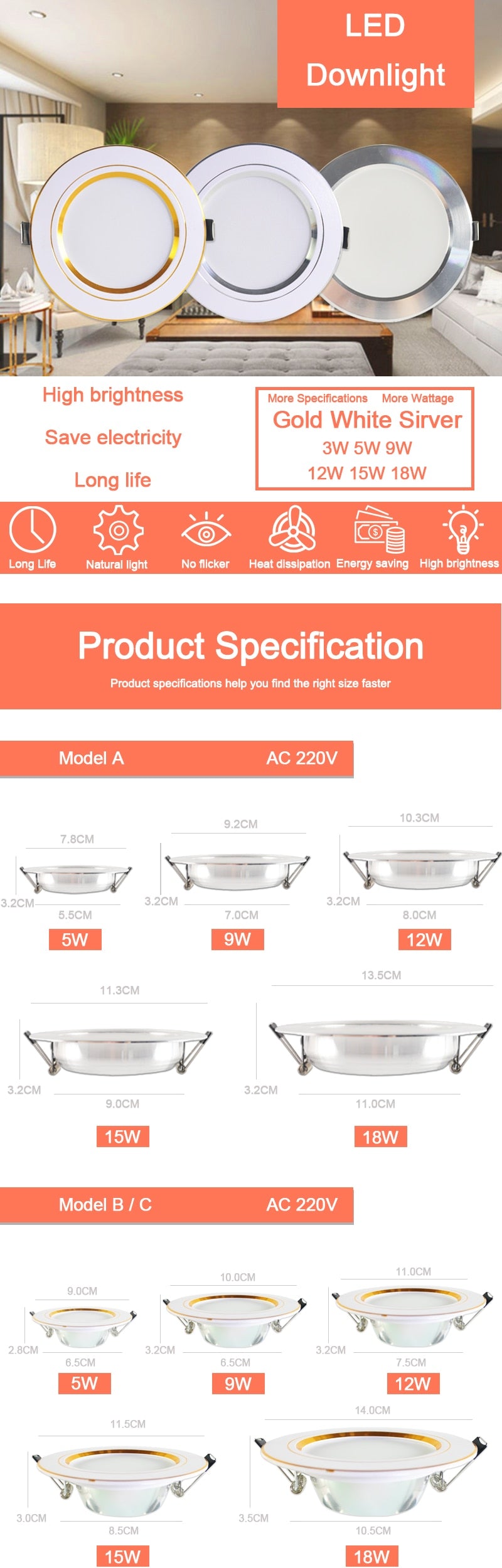 Downlight gold Silver White Ultra Thin Aluminum led downlight 3W 5W 9W 12W 15W 18W AC220V 240V Round Recessed LED Spot Lighting