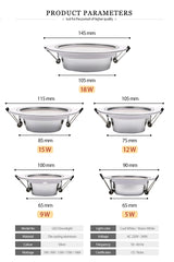  LED Downlight AC 220V 230V 240V Silver Body Ceiling light 5W 9W 12W 15W 18W Led spotlight for living room