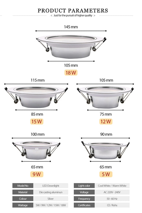  LED Downlight AC 220V 230V 240V Silver Body Ceiling light 5W 9W 12W 15W 18W Led spotlight for living room