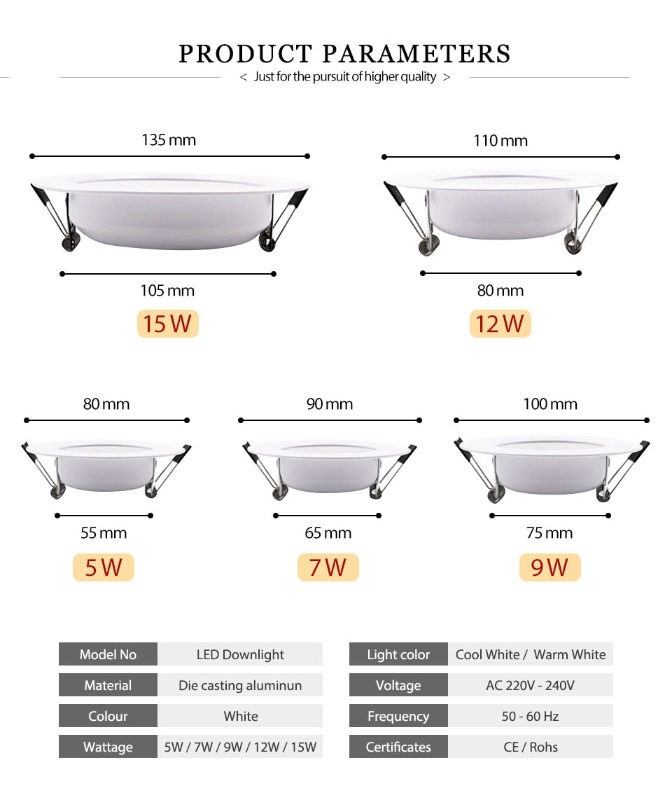 KARWEN LED Downlight 5W 7W 9W 12W 15W white body Ceiling light Cold Warm white led light AC 220V 230V 240V for Living room