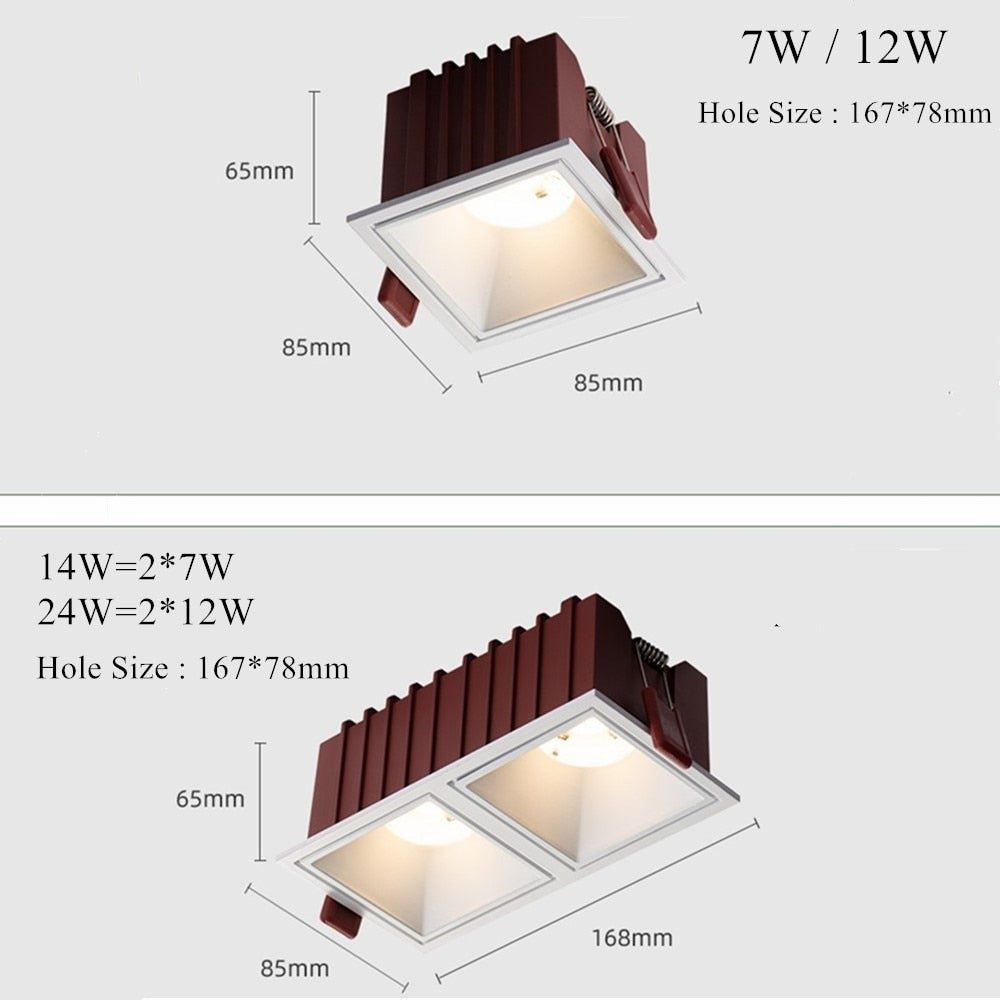 DBF Square Frameless NO Dazzling COB Recessed Downlight 7W 12W 14W 24W LED Ceiling Spot Light for Bedroom Living room Kitchen