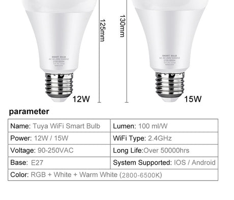  Tuya 12W 15W Wi-Fi Smart Light Bulb, E27 RGB LED Lamp Dimmable with Smart Life APP, Voice Control for Google Home, Alexa