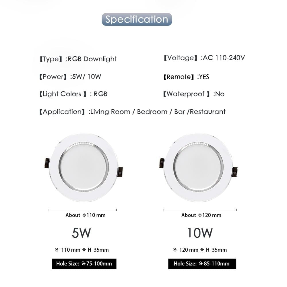 RGB LED Downlight 5W 11cm 10W 12cm Remote Control Dimmable Round Recessed Lamp Colorful Party Bar AC110V 220V 230V Spot Lighting