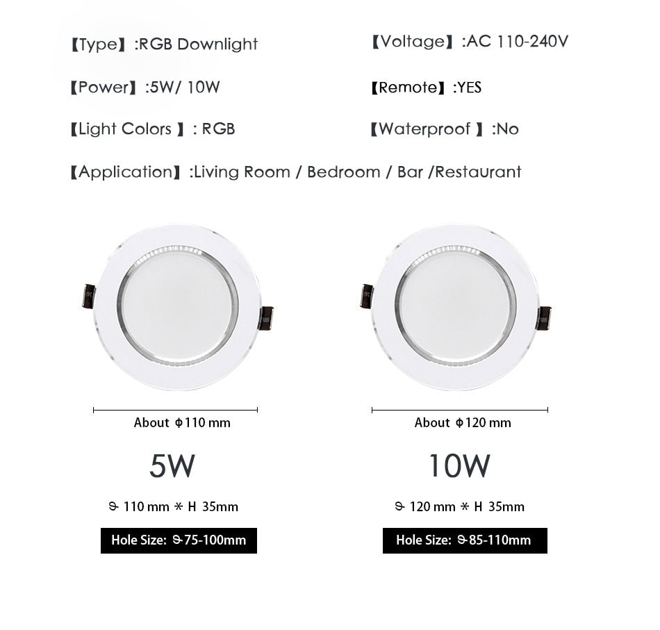 RGB LED Downlight 5W 11cm 10W 12cm Remote Control Dimmable Round Recessed Lamp Colorful Party Bar AC110V 220V 230V Spot Lighting