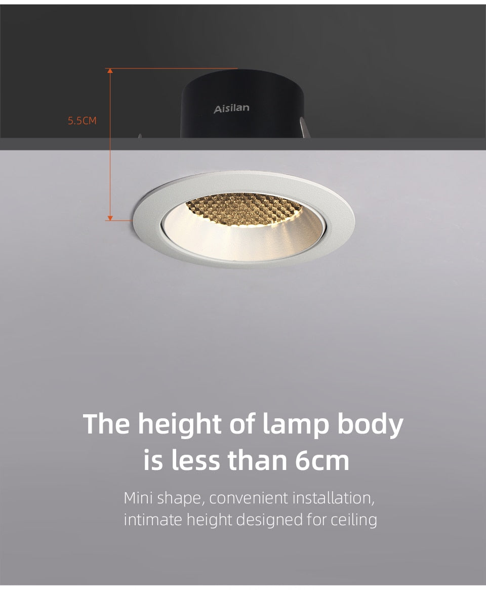 Aisilan LED Recessed 7.5CM hole downlight ceiling spot lighthoneycomb anti-glare adjustable large arc lamp