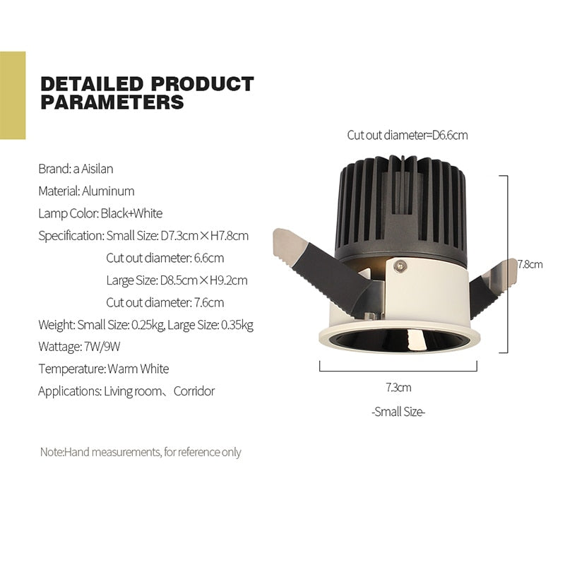 Aisilan Round Black Recessed LED Downlight cut out 7.5CM Built-in LED Narrow Border Spot light 7W for Indoor Lighting Chip