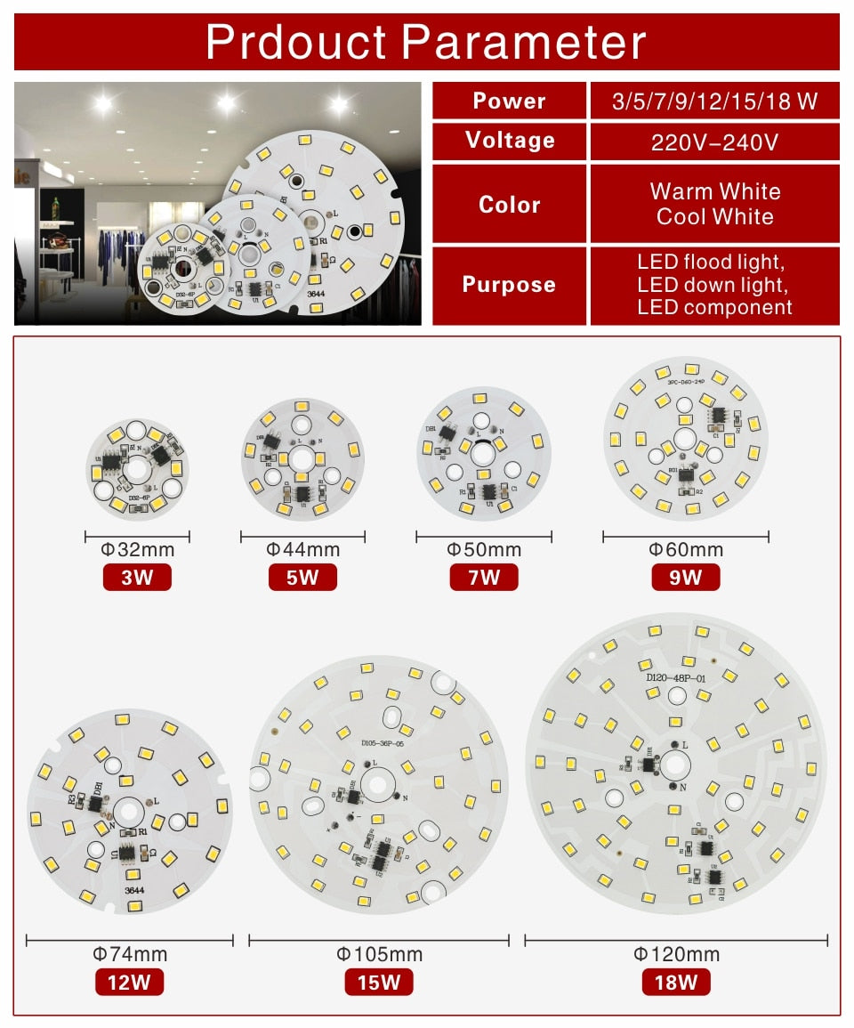 LED Downlight Chip 3W 5W 7W 9W 12W 15W 18W Round Light chip AC 220V-240V 2835SMD Lamp Beads Cold/Warm white Lighting Spotlight