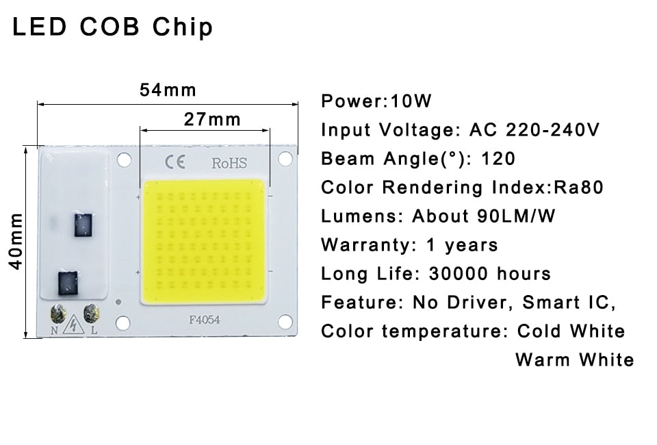 COB LED Lamp Chip AC 220V LED Bulb 10W 20W 30W 50W IP65 High Power Smart IC DIY Flood light Bulb Spotlight Outdoor Chip Lamp