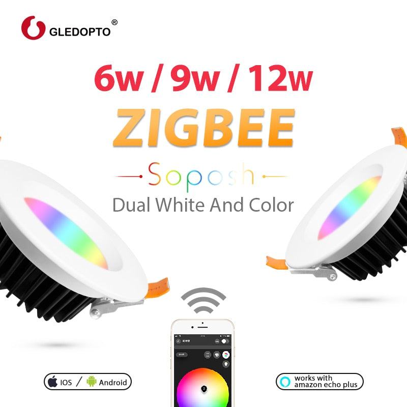 GLEDOPTO Zigbee ZLL 6W/9W/12W RGB+CCT LED Ceiling Light Smart Home Waterproof Remote Control Downlight work with Alexa Echo Plus