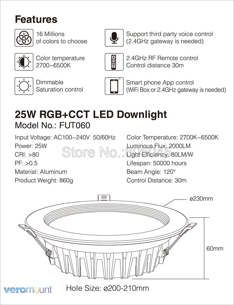 Milight 6W 9W 12W 15W 18W 25W RGB+CCT LED Downlight Ceiling Spotlight AC110V 220V FUT060 061 062 063 064 065 066 068 069 Spotlight