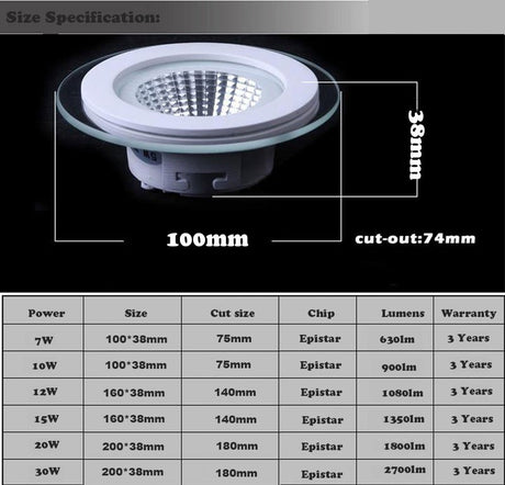 LED Downlight COB Dimmable 7W 10W 12W 15W 20W 30W LED COB Panel Light AC85-265V Recessed COB Downlight Glass Cover LED Spot bulb